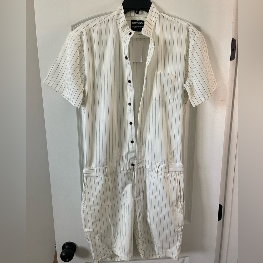 Men's White Striped Button-Up Jumpsuit